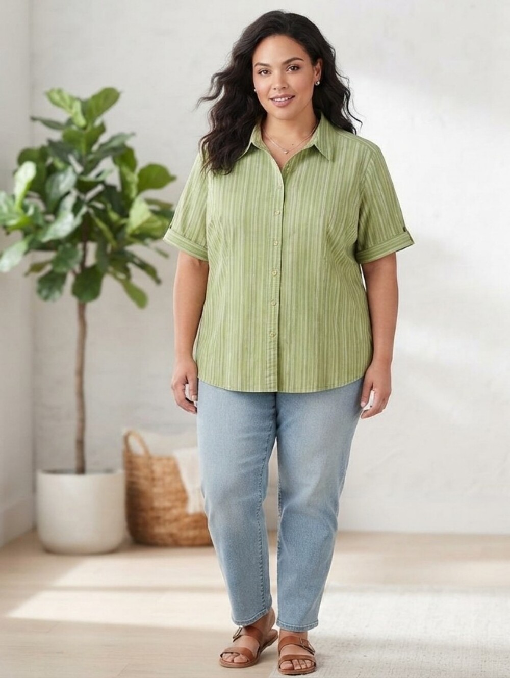 St. John’s Bay Green Striped Stretch Short Sleeve Button Down Plus Size 2X